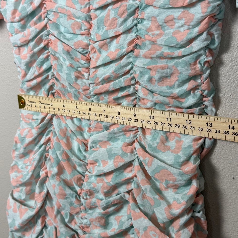 Runaway The Label Ruched Mini Dress Puff Sleeve Sweetheart Leopard Print US 6 - Picture 7 of 8